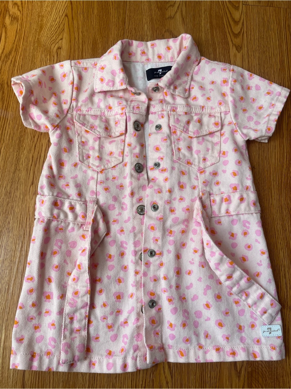 7 For All Mankind Pink Floral Button-Front Short Sleeve Shirt Dress - Picture 3 of 5